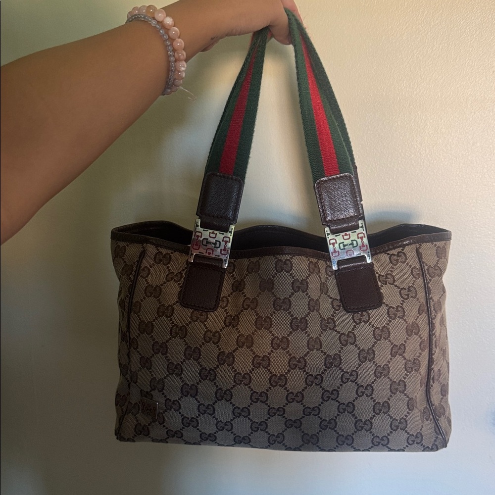 VINTAGE Gucci Brown Canvas Sherry Line Pop Tote